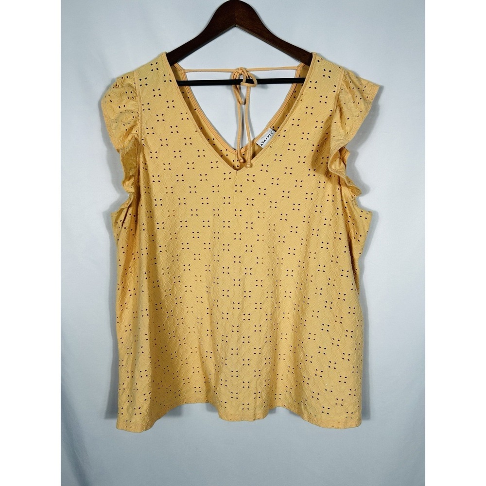 Ava & Viv Women's Plus 3X Blouse V-Neck Eyelet Ruffle Cap Sleeves Pastel Orange